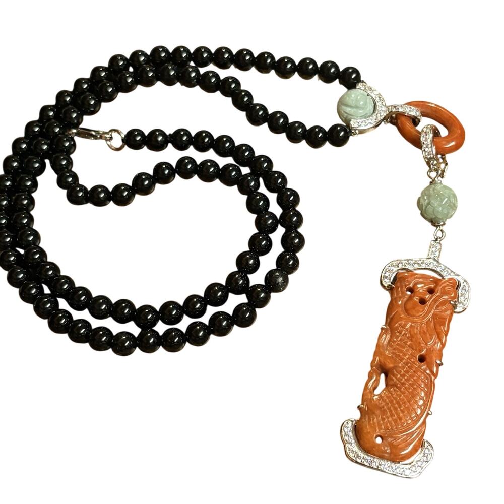 Jade of Yesteryear Necklace Sterling Silver & Black Onyx w/ Jade Dragon Pendant